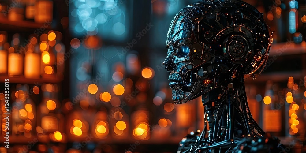 Poster A robot with a skull on its head is standing in front of a bar