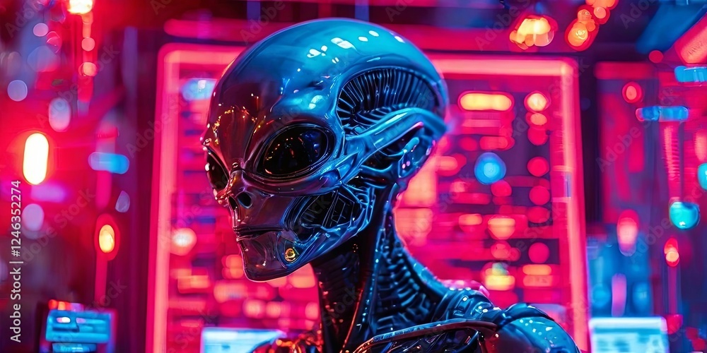 Poster A robot with a skull on its face is standing in front of a red background