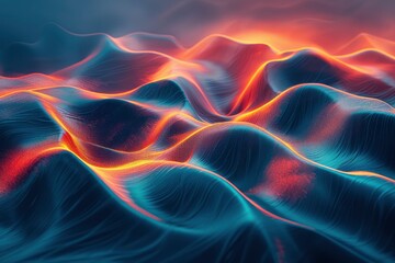 Fototapeta premium Abstract representation of vibrant, flowing waves with glowing edges in a surreal landscape at dusk