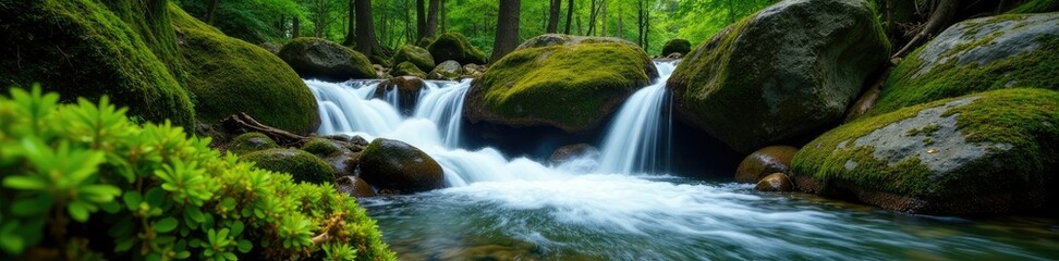 Fototapeta premium Moss and algae covered rocks in a Carpathian waterfall, carpathian mountains, geological, rock
