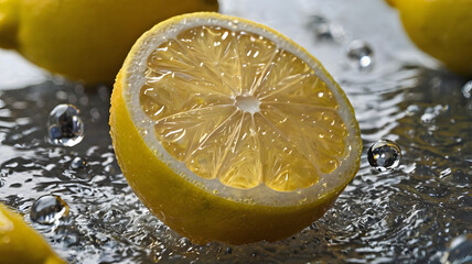 Lemon Splash: A juicy lemon slice sits in a pool of water, with droplets cascading down its vibrant yellow rind. The image evokes freshness, health, and the tangy zest of citrus. 