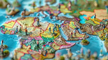 Detailed 3D map of Africa with miniature figures exploring various regions and landmarks