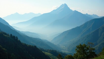 misty mountain peaks rising from foggy valley, valley, landscape