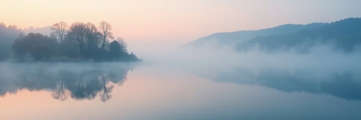Obraz premium Misty morning fog waves across a serene landscape, subtle colors, serenity, atmosphere