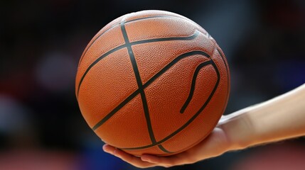 Fototapeta premium Close-up of a basketball held in a hand on a court.