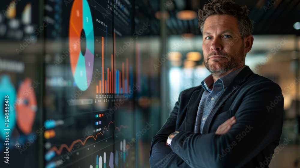 Aufkleber professional man analyzing data in a modern office with digital displays in the background