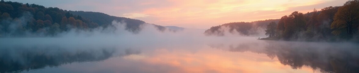 Fototapeta premium misty lake fog rises slowly from water surface, fog, autumn, sunrise