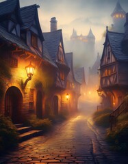 Medieval village street leading to a castle at dusk with glowing lanterns