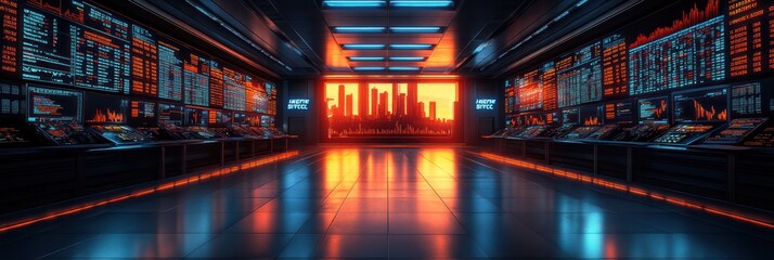 Fototapeta premium Futuristic Control Room with Cityscape View