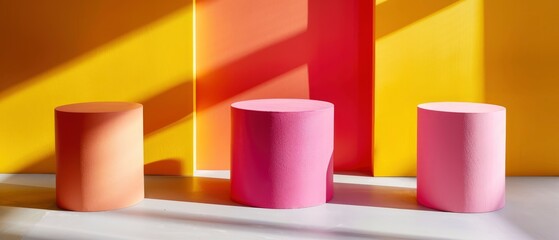 Colorful cylindrical objects arranged on a white surface with vibrant yellow and orange backgrounds