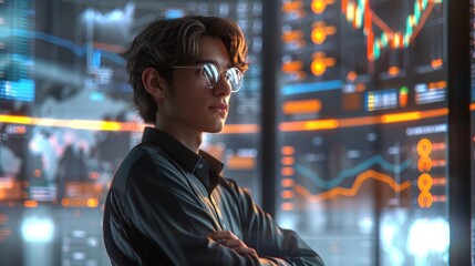 Young person analyzing stock market trends in a futuristic trading room with digital screens and graphs