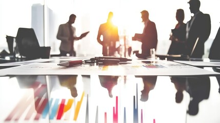 Business Planning concept. Vector illustration in flat style of a group of diverse business people having a discussion at a table with graphs in the background.