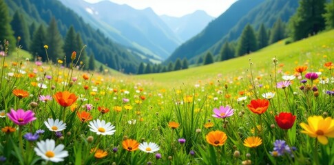 Fototapeta premium Meadow full of colorful flowers and green grass, wildflowers, alpine meadow