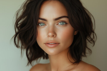 Naklejka premium A beautiful woman with a medium skin tone, shoulder-length dark hair, and blue eyes is featured in an editorial beauty shoot for the skincare brand Staud. She poses against a cream-colored background 