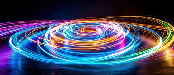 Colorful light trails swirl in a dark space, creating a vibrant, dynamic abstract pattern