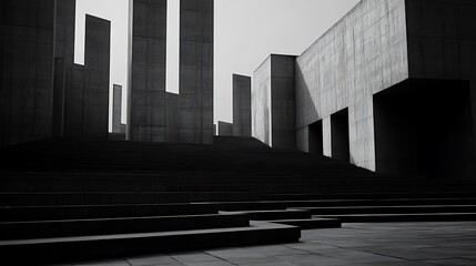 Concrete monument, sunlight, steps, city