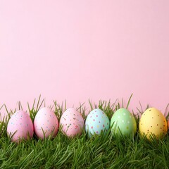 Fototapeta premium Colorful Easter Eggs on Grass with Pastel Pink Background for Celebration Theme