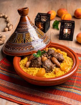 Traditional moroccan tagine with lamb, apricots, and couscous, served in an ornate clay pot