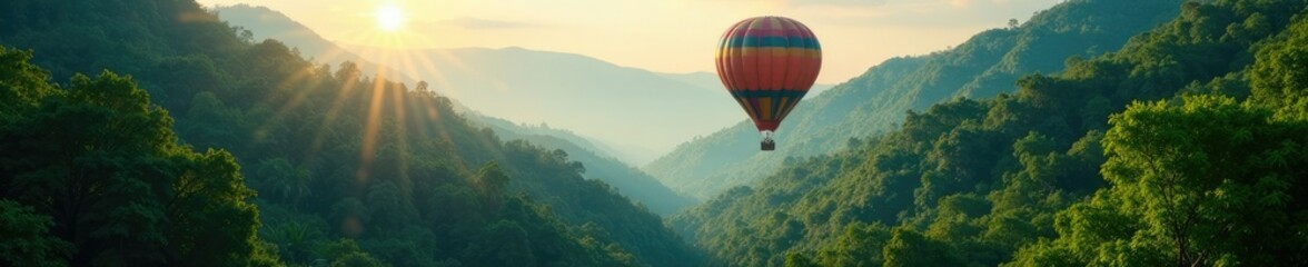 Obraz premium Gently descending hot air balloon into the jungle foliage, greenery, jungle, tropical