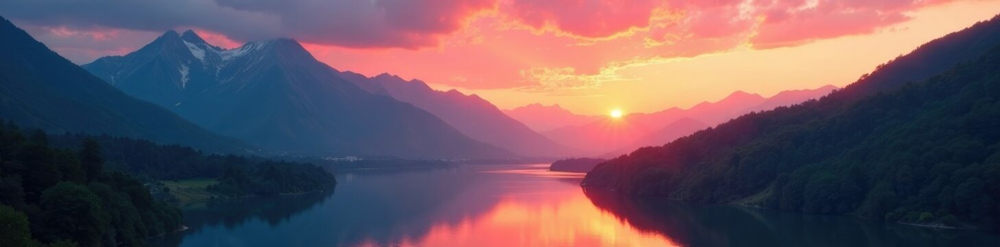 Gentle sunset over a mountain range with a river, gentle, serne