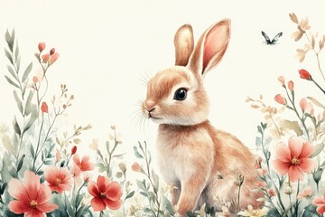 Obraz premium Cute Bunny Surrounded by Colorful Flowers for Easter Celebration and Spring Theme