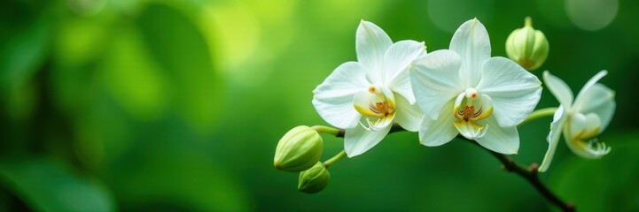 Fototapeta premium Stunning White Orchid flower with delicate green leaves, nature, greenery