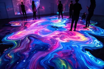 Colorful abstract light installation with people interacting in a modern gallery space