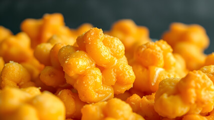 Tasty cheesy corn puffs as background, closeup. Generative AI