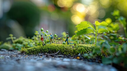 Miniature figures exploring a lush green mossy landscape during golden hour with blurred background