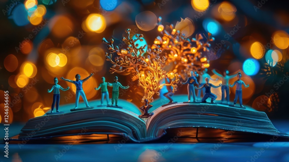 Poster miniature figures dancing around a glowing tree emerging from an open book with a bokeh background