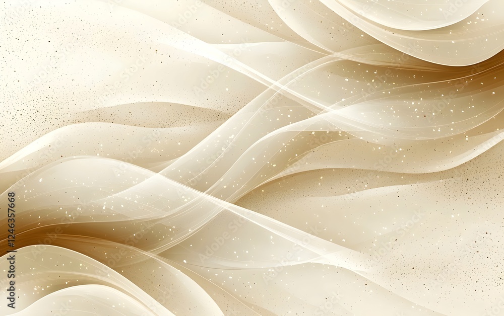Poster an elegant abstract design featuring flowing waves in soft beige and cream hues, enhanced with spark