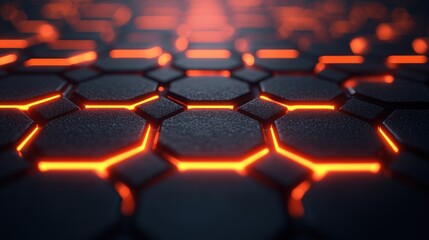 Glowing orange lines on dark hexagon pattern.