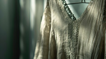 Soft light illuminating a delicate, intricately designed blouse hanging on a clothesline indoors