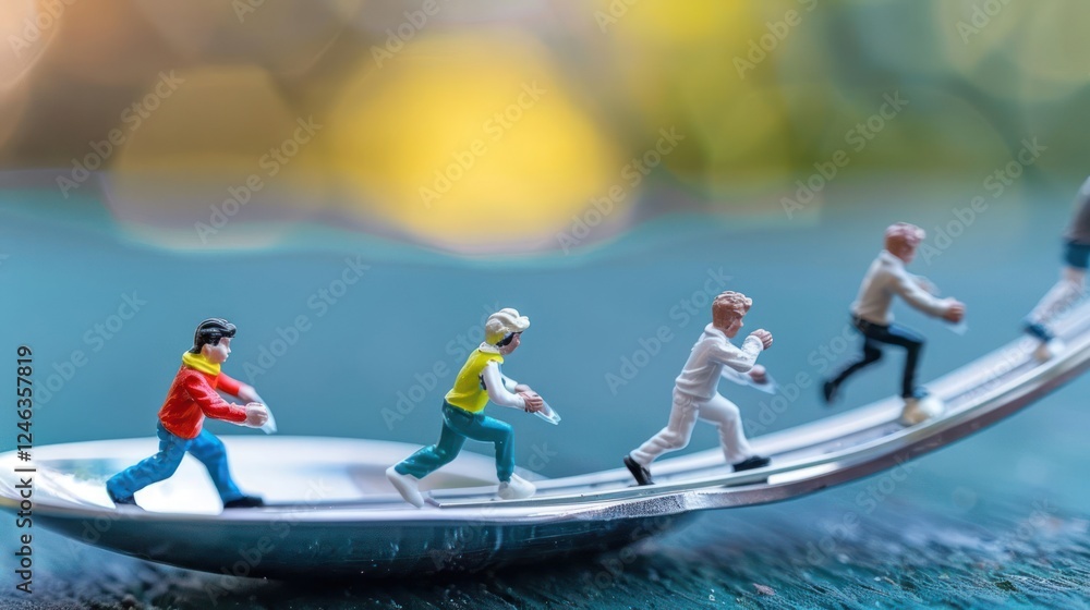 Aufkleber miniature figures running along a spoon, symbolizing teamwork and progress in a vibrant setting