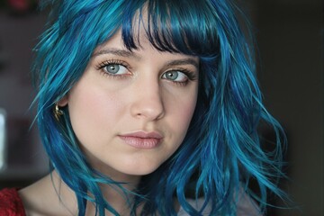 Fototapeta premium Enchanting Portrait of a Blue-Haired Woman