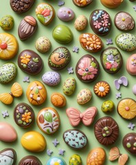 A detailed close-up of assorted chocolate eggs arranged on a vibrant green surface, showcasing their rich textures and colors.