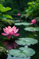 Water features and lotus flowers in serene Zen garden, garden, peaceful, water