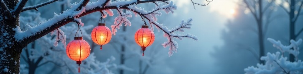 Obraz premium Frosty tree branches with frozen leaves hanging like lanterns, frosty landscape, cold climate, snowy woods