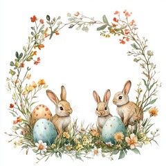 Fototapeta premium Colorful Easter Theme with Cute Bunnies and Decorative Eggs Surrounded by Floral Border