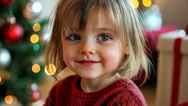  young girl wearing winter sweater with Christmas tree light as background,