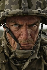 Fototapeta premium Intense Soldier Portrait: Capturing Raw Emotion