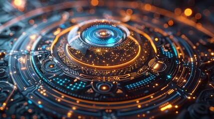 Abstract digital landscape featuring intricate patterns and glowing elements in a futuristic setting