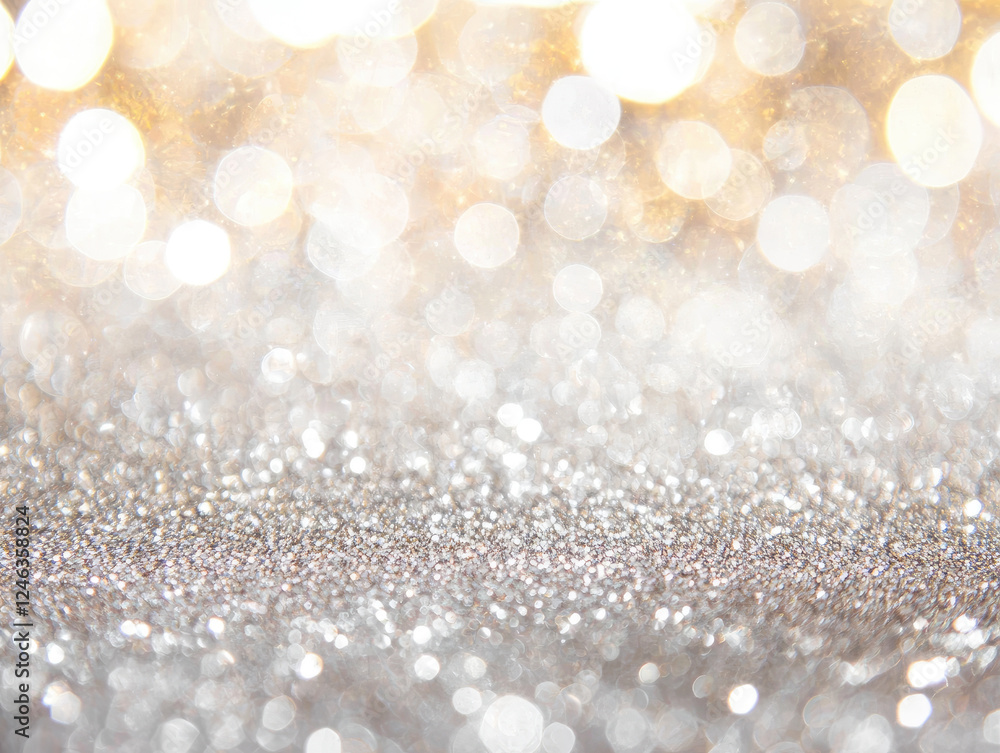 Poster shimmering background with silver and white bokeh lights creates festive and elegant atmosphere. sof
