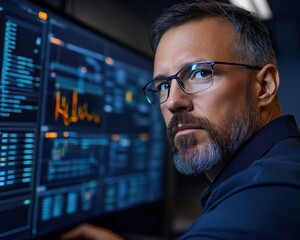 Fototapeta premium Visualize the Future Explore AI-Powered Smart Grid Technology in a Cyber-Futuristic Control Room Witness real-time energy flows and AI-driven efficiency analytics transforming dynamic power