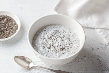 Healthy Chia Seed Pudding in White Bowl with Spoon and Dry Chia Seeds on Light Background