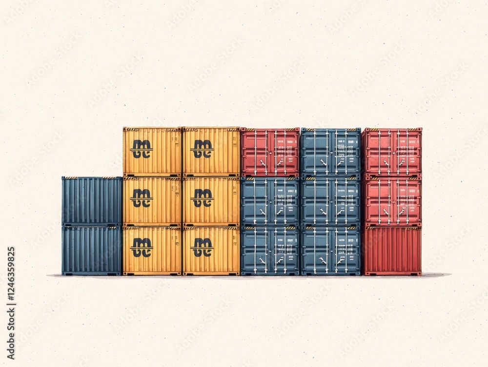 Poster a colorful arrangement of shipping containers stacked in a neat pattern, showcasing various hues of 