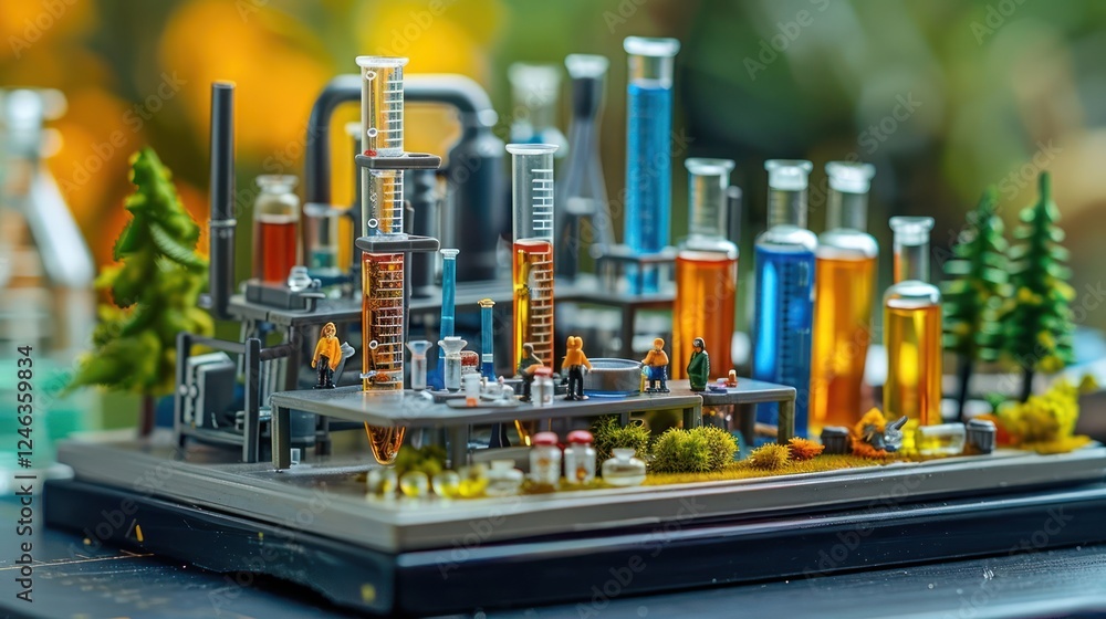 Poster miniature laboratory scene depicting scientists experimenting with colorful liquids amidst greenery