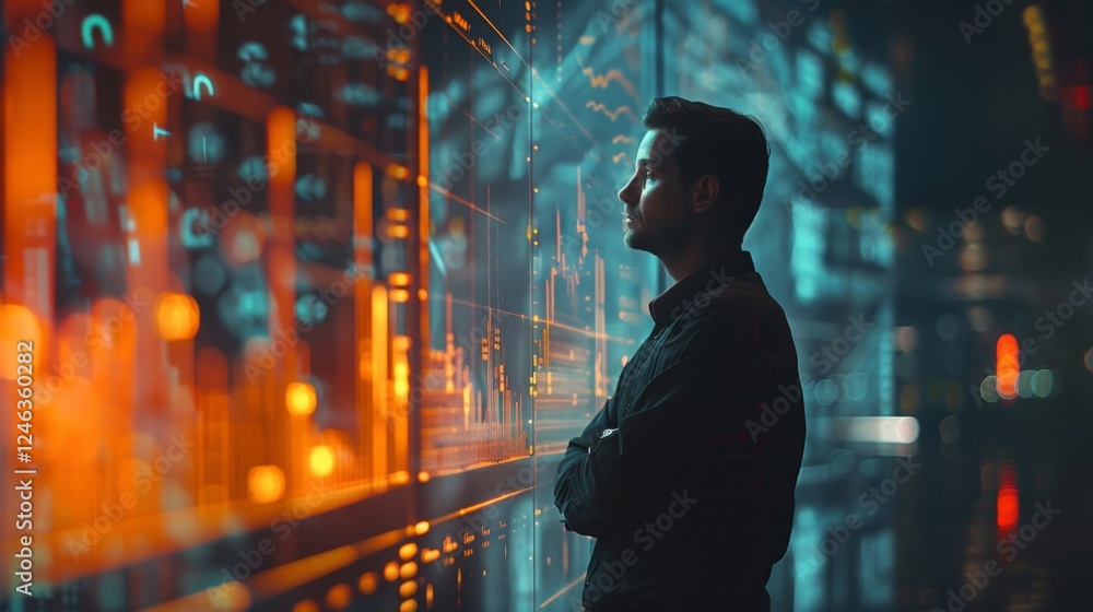 Poster cutting-edge technology and data visualization inspire an analyst in a modern office environment