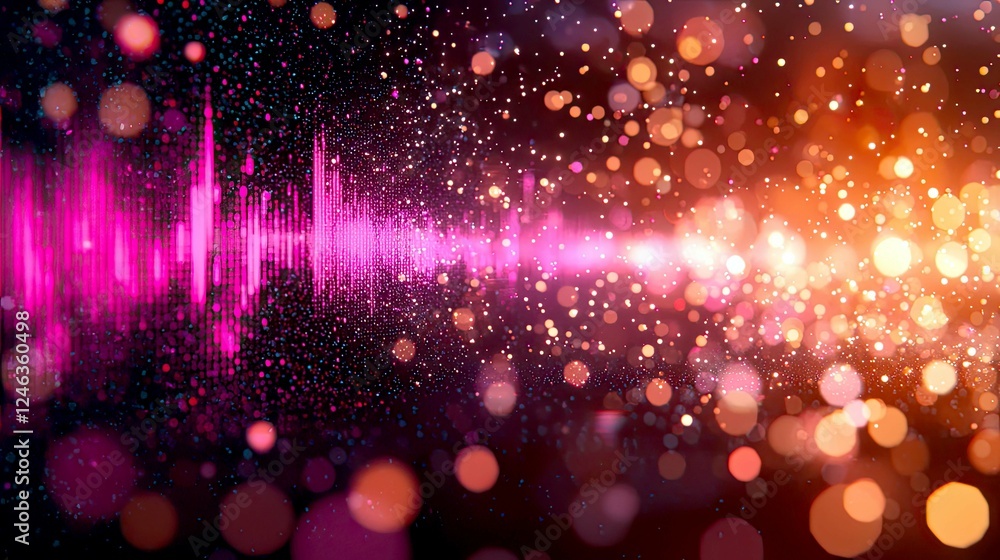 Poster abstract sound wave visualization: pink and orange energy flow, dynamic audio spectrum, glittering p