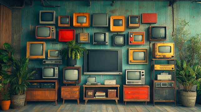 A nostalgic scene of stacked old televisions in an urban electronics repair shop, evoking retro aesthetics and technological evolution